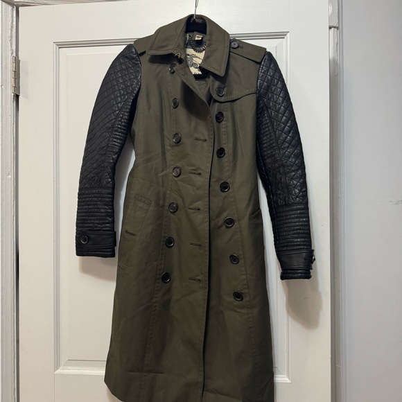 Burberry Jackets & Blazers - Burberry Green and leather sleeve with black and white classic pattern inside